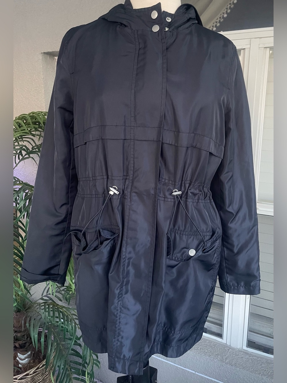 Me Jane Black Hooded Trench Coat with Drawstring Waist